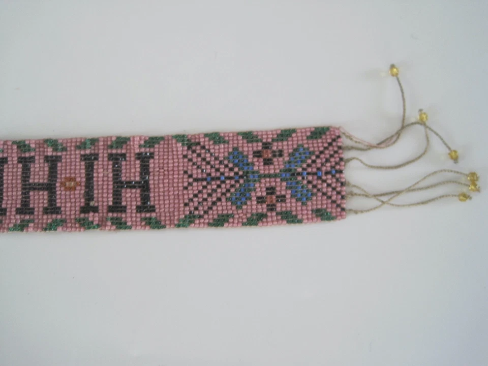 Victorian Seed Bead Belt Or Head Band HI HI Pink Floral 25"  Antique Indian - Image 4 of 4