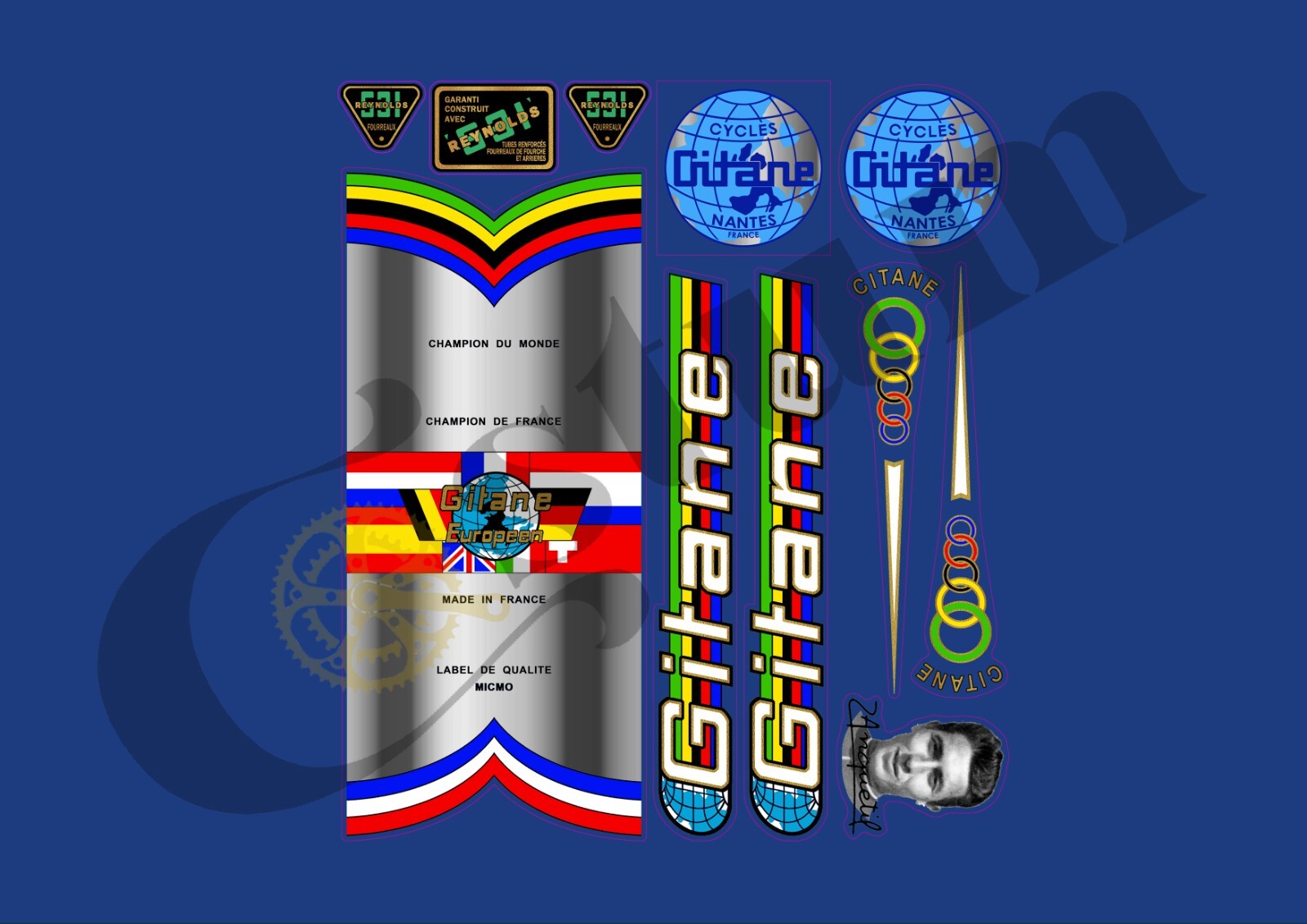 Stickers Gitane pour vélo vintage - Kit de décalcomanies cadre bleu et blanc