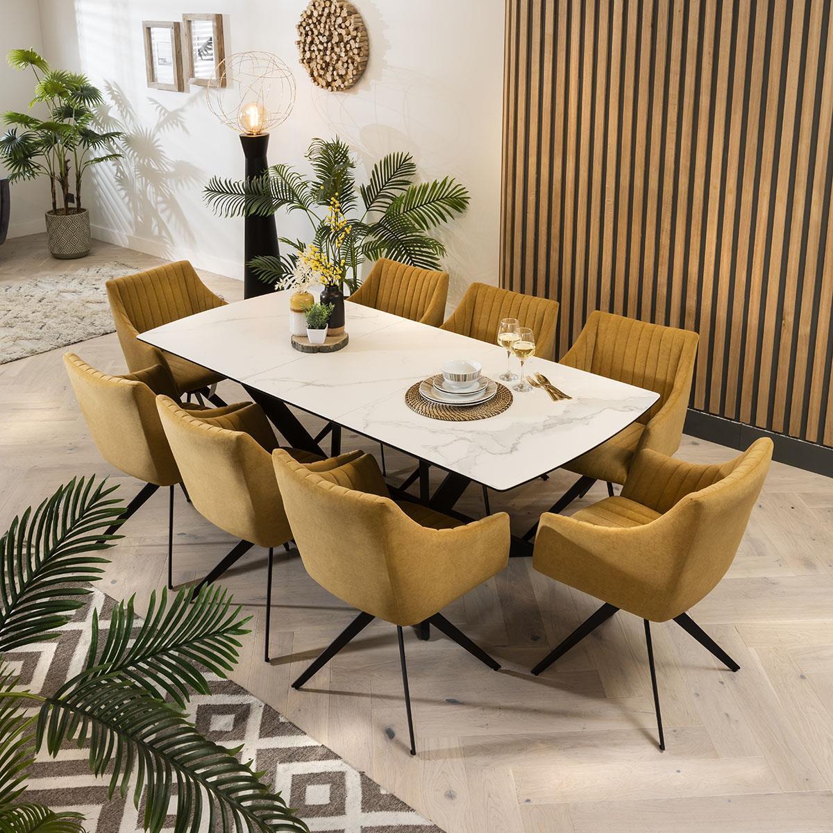 Quatropi Seater Extending Dining Set White Ceramic Table, Mustard Chairs