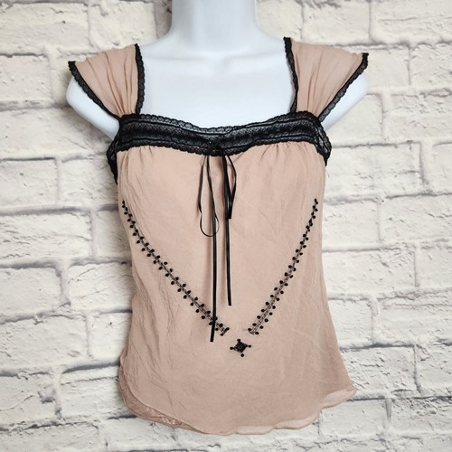 Max Studio Cami Top Womens Size XS 100% Silk Pink with Black Lace Trim Lingerie