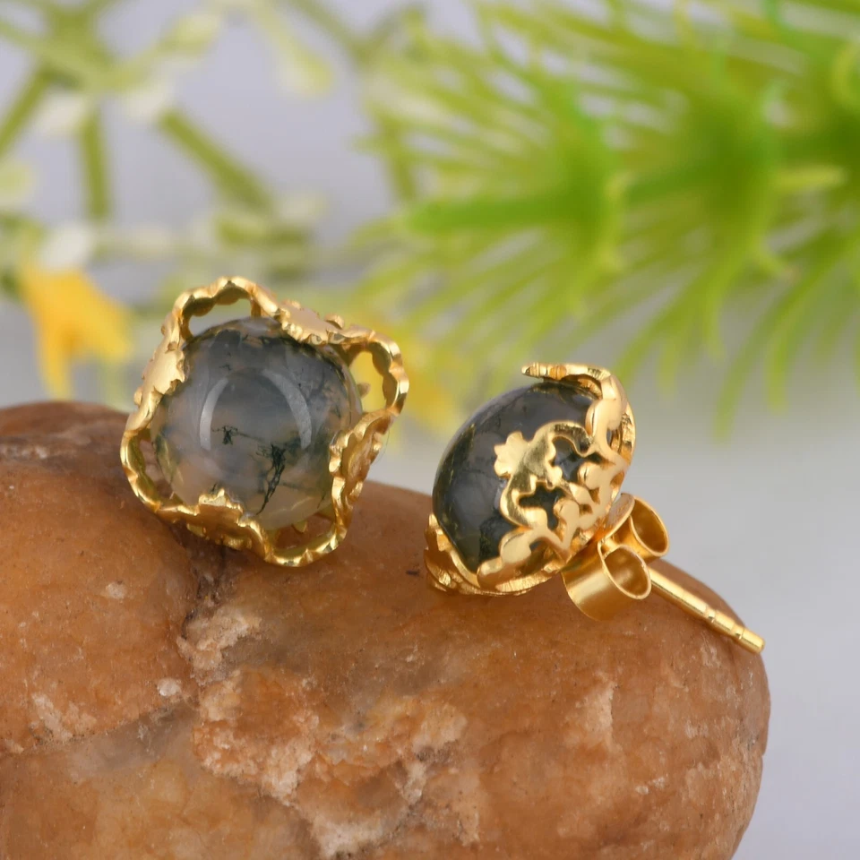 Pendiente de flor de ágata de musgo enchapado en oro lo último hermoso colgante joyería de regalo Foto 3 de 4