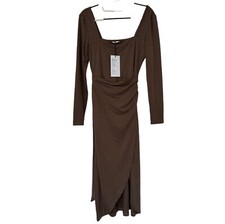 Exlura Women’s Tan Square Neck Wrap Front Midi Dress Size S