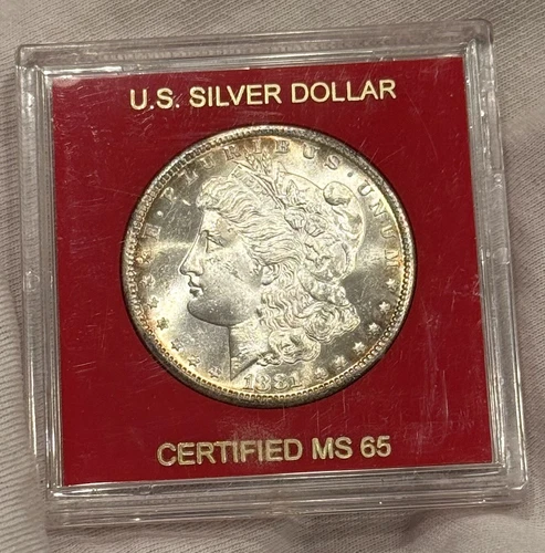 1881 S Morgan dollar PL Brilliant Unc Bu MS In Rare Vintage Red Capital Holder