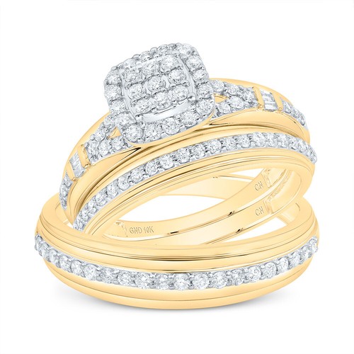 10K Yellow Gold Round & Baguette Diamond Trio Set Cushion Matching Rings 3/4 Ct. - 第 1/2 張圖片