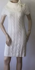 NINE WEST Cozy Soft Ivory Cable Knit Sweater Button Hi Neck Detail Dress (Size M