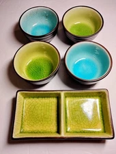 Ceramic Crackle Divided Dish for Sushi Serving Sauce 4 Tea Cup/Dipping Bowls