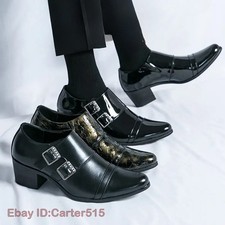 38-46 Plus Size Mens Pointed Toe Buckle Cuban Heel Nightclub Wedding Dress Shoes