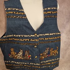 Vintage Casey  Max Embroidered Denim Vest Cat Flower Cottage Core Teacher Xl
