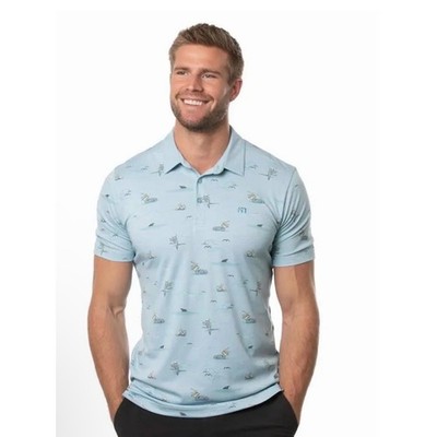 Travis Mathew Mens XL Blue Tropical Pelican Shark Print Short Sleeve Golf Polo