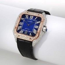 NEW 3.50TCW Natural Diamond Cartier Santos 40mm Pave Roman Blue Dial Men's Watch 5