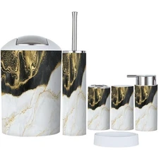 Bathroom Accessory Set 6 Pcs Black White Marble Gold Veins Countertop Decor