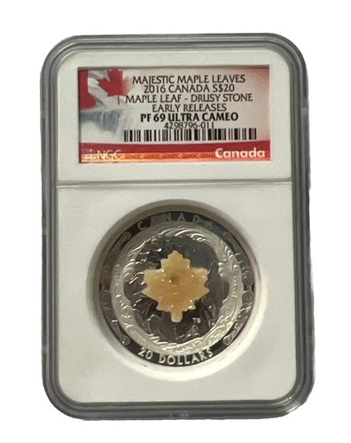 2016 Canada $20 Majestic Maple Leaves with Drusy Stone 1oz Silver NGC PF 69 UCAM