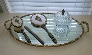 VTG 5 Piece Mirror Vanity Set Rose Pattern Brush, Comb, Mirror, Powder Jar, Tray