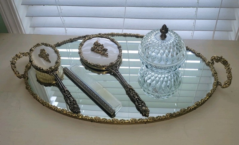 VTG 5 Piece Mirror Vanity Set Rose Pattern Brush, Comb, Mirror, Powder Jar, Tray