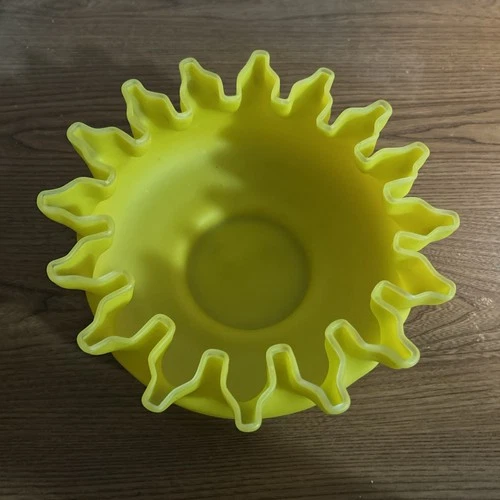 Vintage Fenton Satin Glass Basket Yellow Ruffled. 9” diameter 4” deep.  Nice