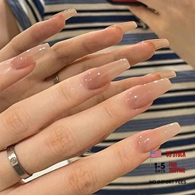 Coffin Press on Nails Nude Long Acrylic Artificial Nails Simple Glossy