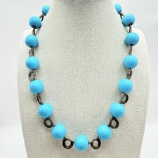 Faux Turquoise Dyed Howlite Boho Ball Bead Necklace Silver Tone Toggle Clasp 16  