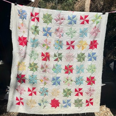 Antique Vintage Hand Sewn Patchwork Quilt Pinwheel Folk Art Cotton Cottagecore