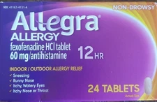 Allegra Adult 12HR Non-Drowsy 60mg Antihistamine 24 Tablets Allergy Exp 12/26