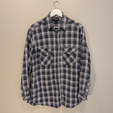 Workwear Flannel Shirt Blue White Plaid Heavy Duty Warm Fall Winter - Size L