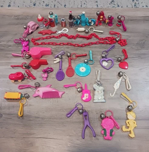 Vtg 1980s Plastic Bell Charms Necklace 30+ Coke Pepsi VW Bug Cat Phone Record
