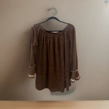 win win L-XL brown tunic blouse with bell sleeves and crochet lace cuffs