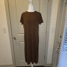 Brown Knit Short Sleeve Midi T-Shirt Dress Round Neck Casual Women