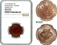 AL499, Mexico, Chihuahua, 5 Centavos 1915, Liberty Cap, Copper, NGC MS64BN