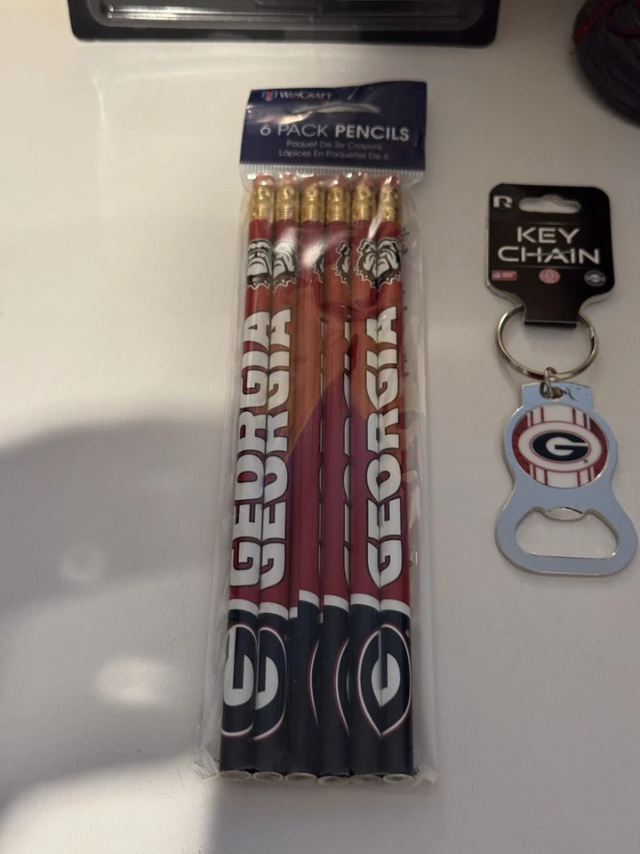 Georgia Bulldogs Bottle Jacket, Key Chain, Peel & Stick Tattoos & Pencils - Image 3 of 4