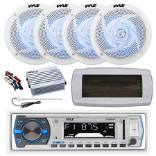 Pyle Marine Receiver, Cover, Antenna,Amp w/Kit, 4x 5.25" 180W LED White Speaker