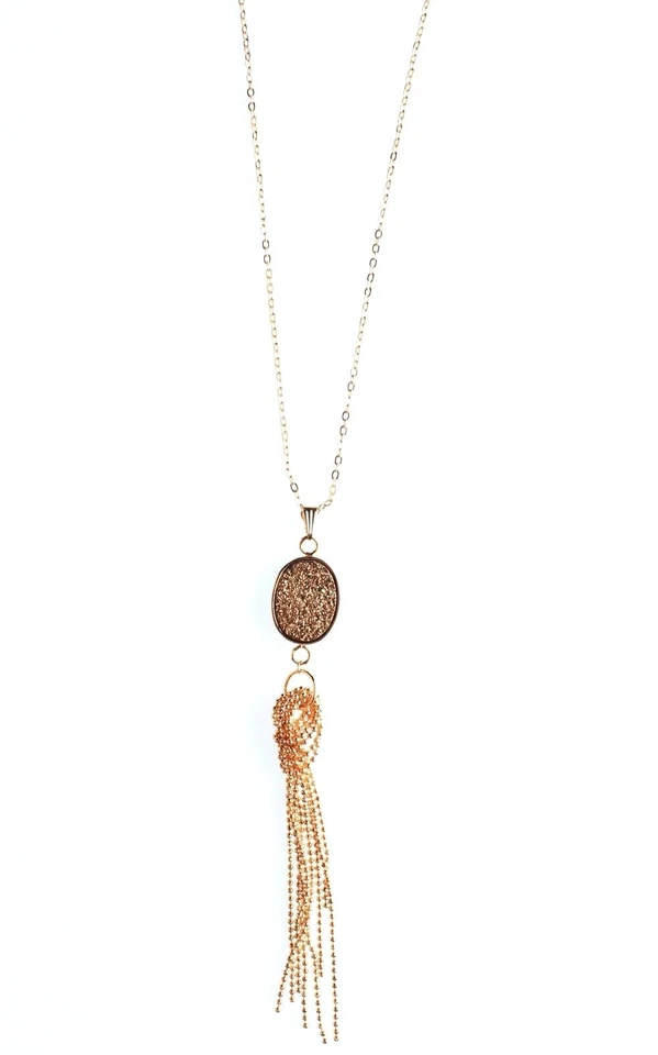 Elise M 18K Gold Plated 30" Long Oval Drusy Necklace with Gold Ball Chain Tassel - Image 2 of 3