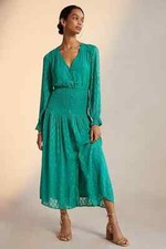 Anthropologie Smocked Maxi Dress Metallic Dark Turquoise Size XS NWT 180$
