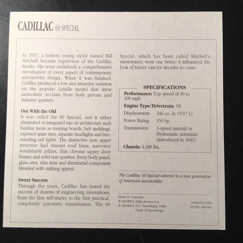 Cadillac 60 Special 1938-1941 Spec Sheet Info Card - Picture 2 of 2