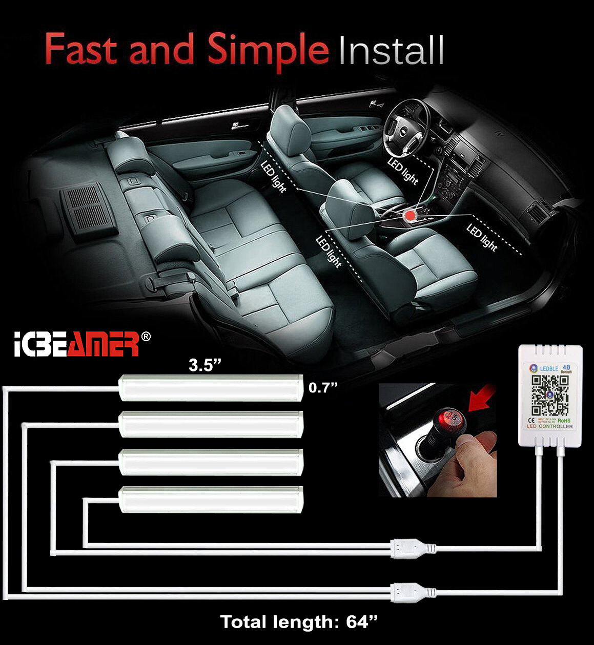 COB RGB Car Interior Decoration Atmosphere Light Strip W/ Mobile App