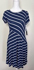 NWT! AB Studio Navy Blue & Gray Striped Jersey Dress, Stretchy, Small