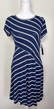 NWT! AB Studio Navy Blue & Gray Striped Jersey Dress, Stretchy, Small