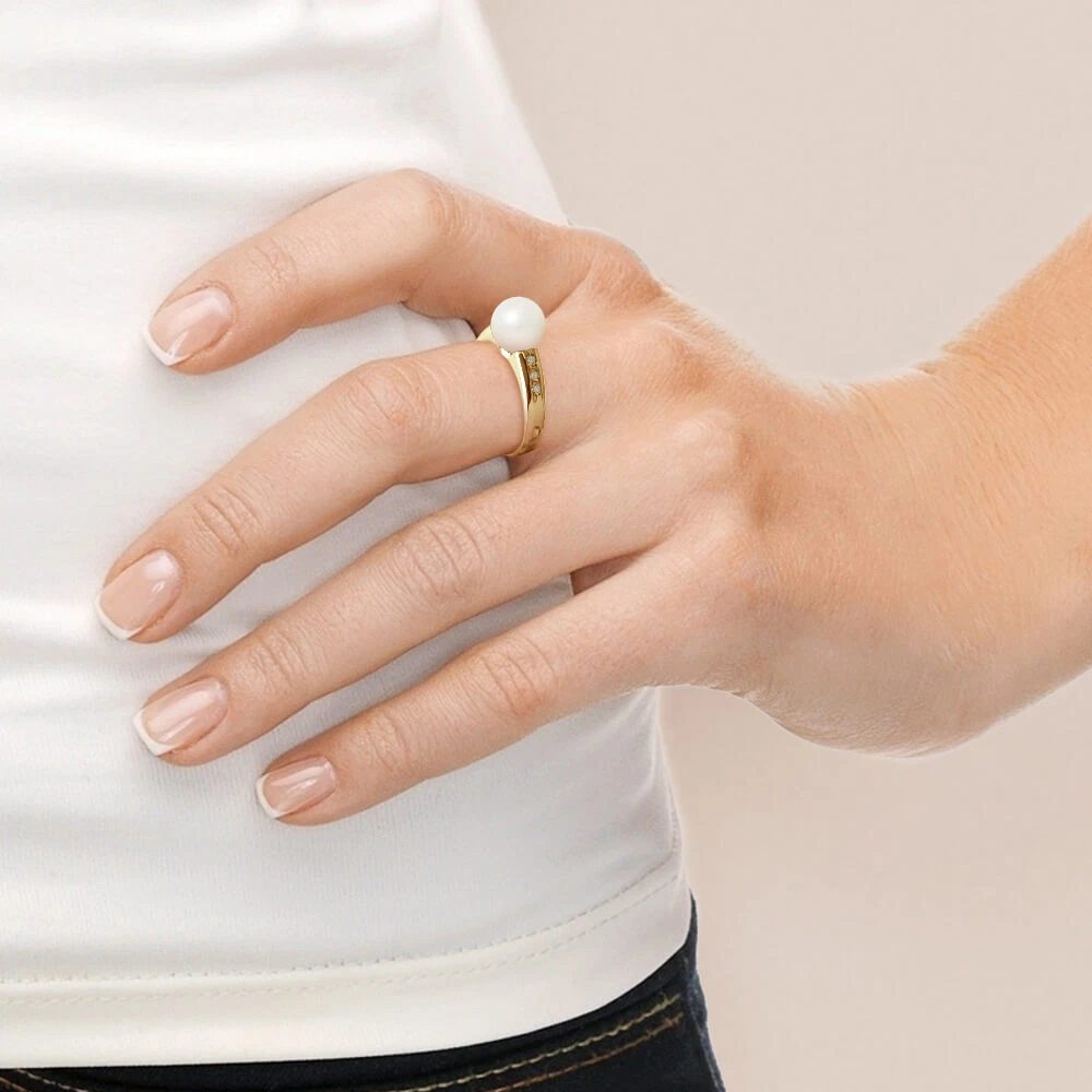 Superbe Bague en Or Jaune Perle de Culture Blanche Ronde 8 9 mm