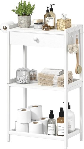Small Bathroom Ladder Shelf - Floor Standing Shelves with Fabric Drawer 3 Tier