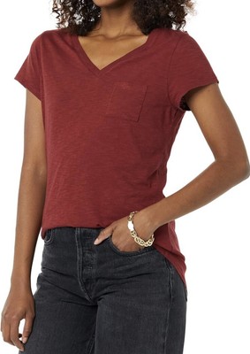 Damen Vintage Baumwolle kurzärmeliges V-Ausschnitt-T-Shirt mit Tasche burgundisch XS #245