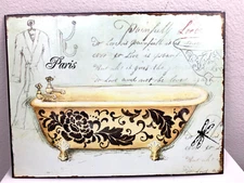 French Gold Clawfoot Tub Wall Metal Plaque Parisian Bathtub 13" x 10" Home Decor