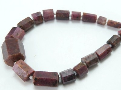 Natural Ruby Faceted Cylinder Beads Matte Barrel 18x14-6x6mm Graduated Strand 9''