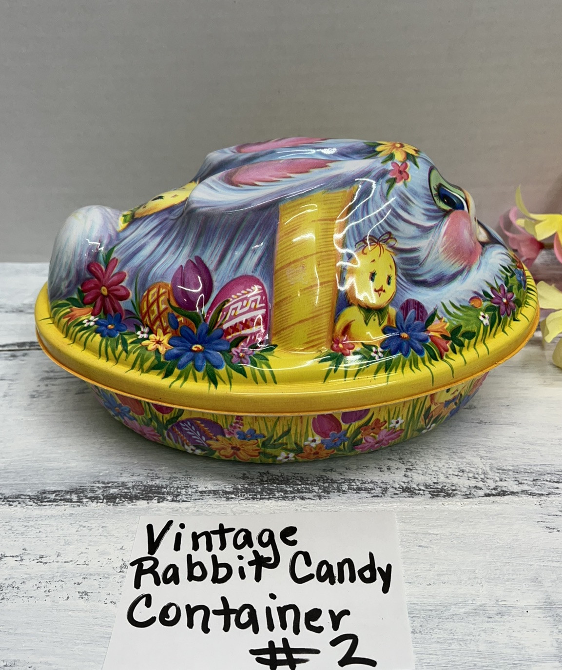 Vintage Easter Bunny 3-D Plastic Molded Candy Container Basket Rabbit Chicks NOS
