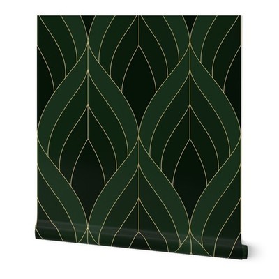 Forest Green Non-Pasted Wallpaper - Art Deco Leaves by fischkandi - Art Deco Geo