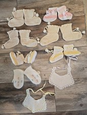Antique LOT 9 Vtg Baby Doll Clothes Booties Socks Mittens Bibs Crochet Handknit