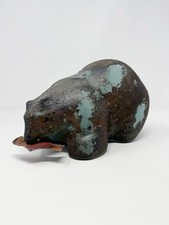 Tony Evans California Raku Art Pottery Bear Copper Fish 10.5&rdquo; Sculpture Figurine
