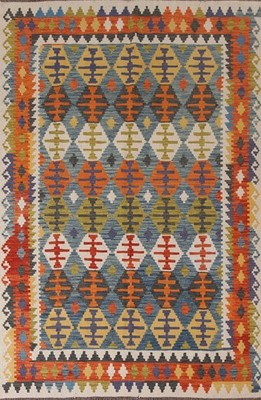 Blue Kilim Living Room Area Rug 7x9 Tribal Wool Hand-woven Reversible Carpet