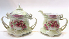 Antique 1900s Germany Porcelain Creamer and Covered Sugar Set Art Nouveau Floral