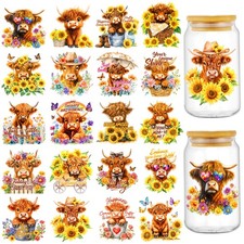 Highland Cow UV DTF Cup Wraps for 16 OZ, 20 Sheets Cup Wraps for Glass Cups, Wat