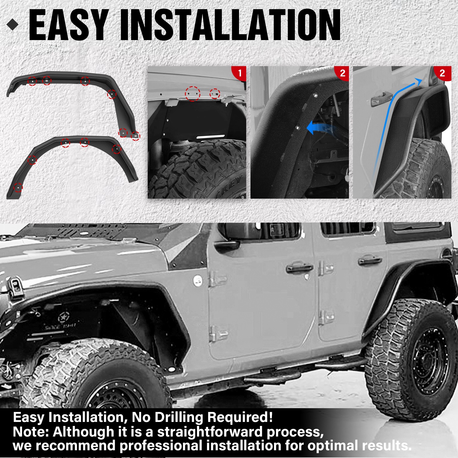 Front & Rear Tubular Fender Flares Tube Mud Guard For 2018-2025 Jeep Wrangler JL