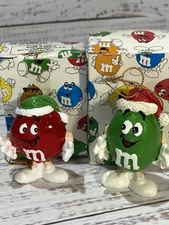 Set Of 2 VTG M&M Red Plan & Green Peanut Christmas Ornaments In Original Box